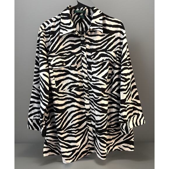 Lauren Ralph Lauren Women’s Blouse Sz 2X Zebra Print Tunic Button Up Officecore - Picture 1 of 6